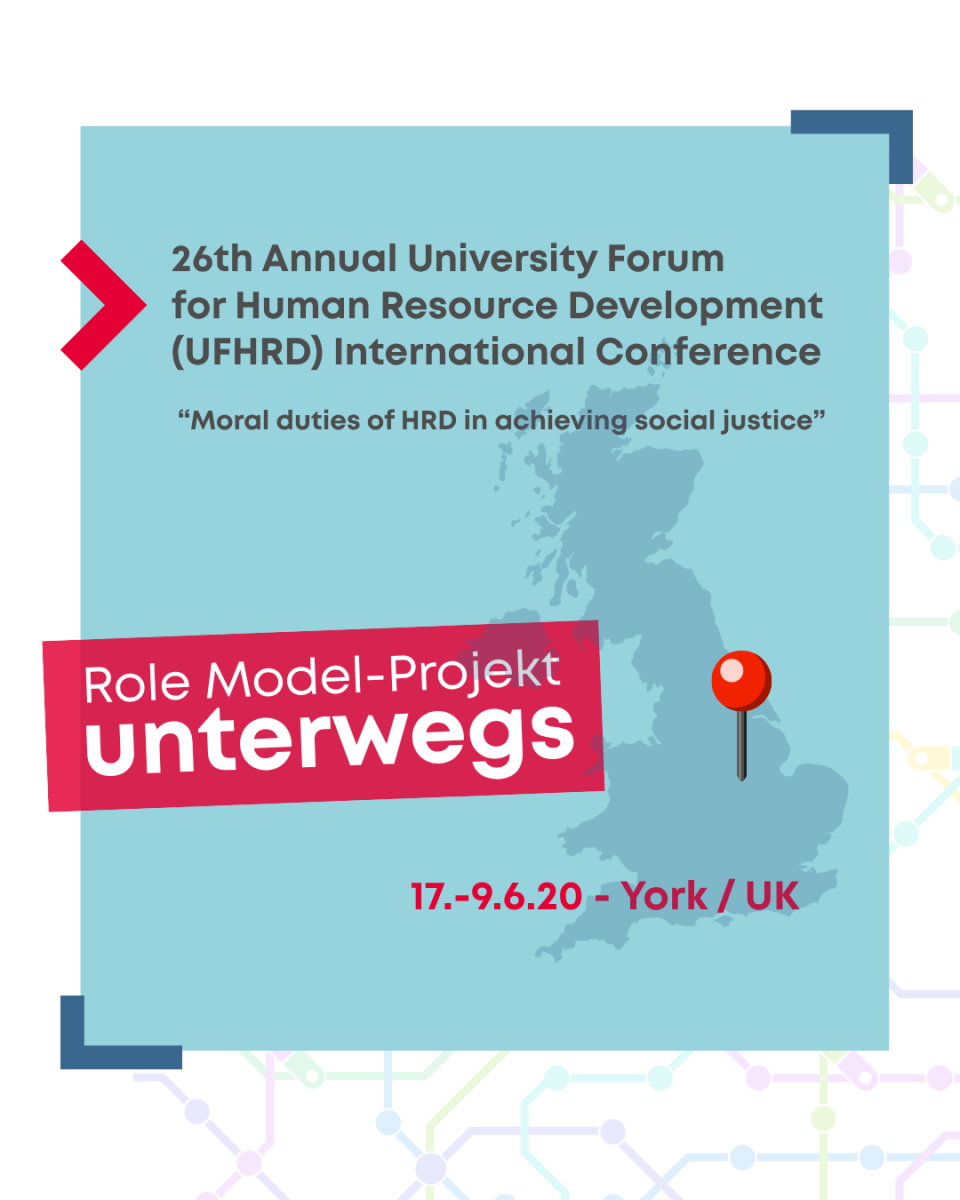 Die Grafik zeigt oben links den Schriftzug ""Role Model-Projekt unterwegs". Im Hintergrund ist eine schematische Landkarte von Großbritannien zu sehen. Unten wird der Kongress in englischer Sprache angekündigt. 