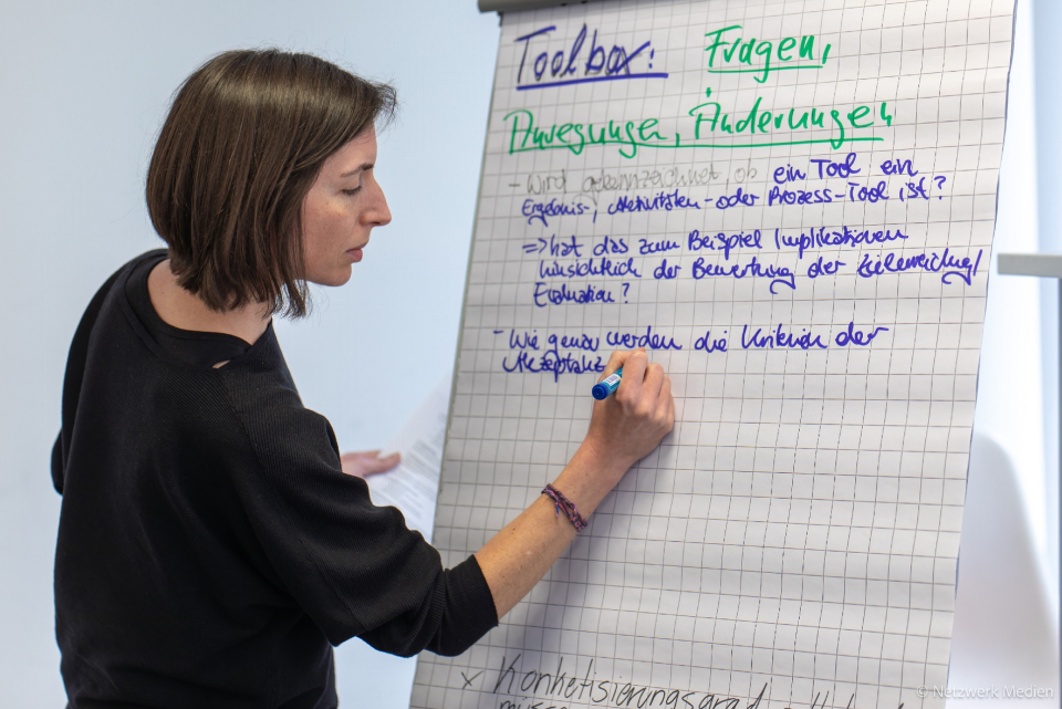 Frau Bauer schreibt Notizen zur Toolbox an einem Flipchart auf Frau Bauer schreibt Notizen zur Toolbox an einem Flipchart auf